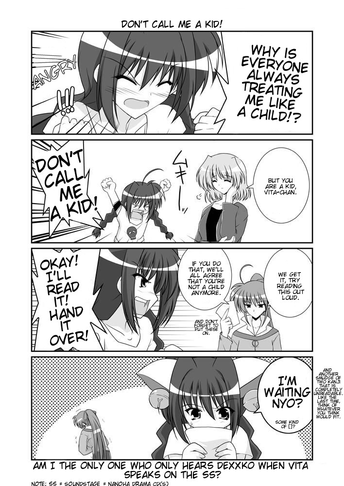 mikage takashi, dejiko, sanada asami, shamal, signum, vita (nanoha), di gi charat, lyrical nanoha, mahou shoujo lyrical nanoha, mahou shoujo lyrical nanoha a's, hard-translated, third-party edit, translated, 3girls, 4koma, braid, comic, cosplay, dejiko (cosplay), english text, greyscale, monochrome, multiple girls, ponytail, twin braids, voice actor connection