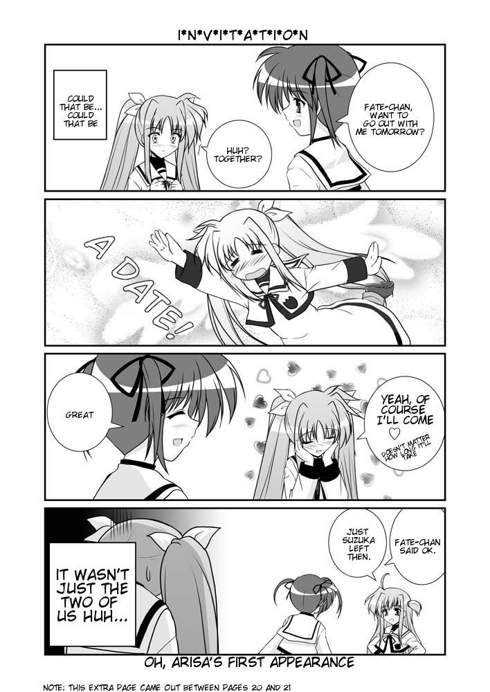 mikage takashi, arisa bunnings, fate testarossa, takamachi nanoha, lyrical nanoha, mahou shoujo lyrical nanoha, mahou shoujo lyrical nanoha a's, hard-translated, third-party edit, translated, 00s, 3girls, 4koma, comic, english text, greyscale, monochrome, multiple girls, school uniform, twintails
