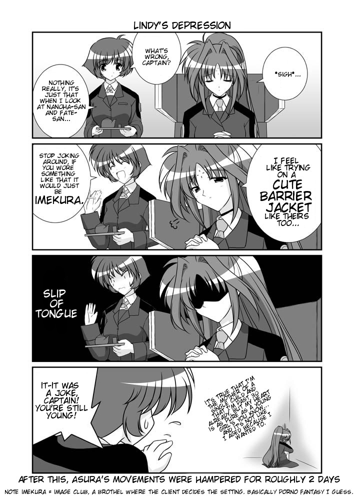 mikage takashi, amy limietta, lindy harlaown, lyrical nanoha, mahou shoujo lyrical nanoha, mahou shoujo lyrical nanoha a's, hard-translated, third-party edit, translated, 00s, 2girls, 4koma, comic, english text, facial mark, forehead mark, greyscale, hair intakes, military, military uniform, monochrome, multiple girls, ponytail