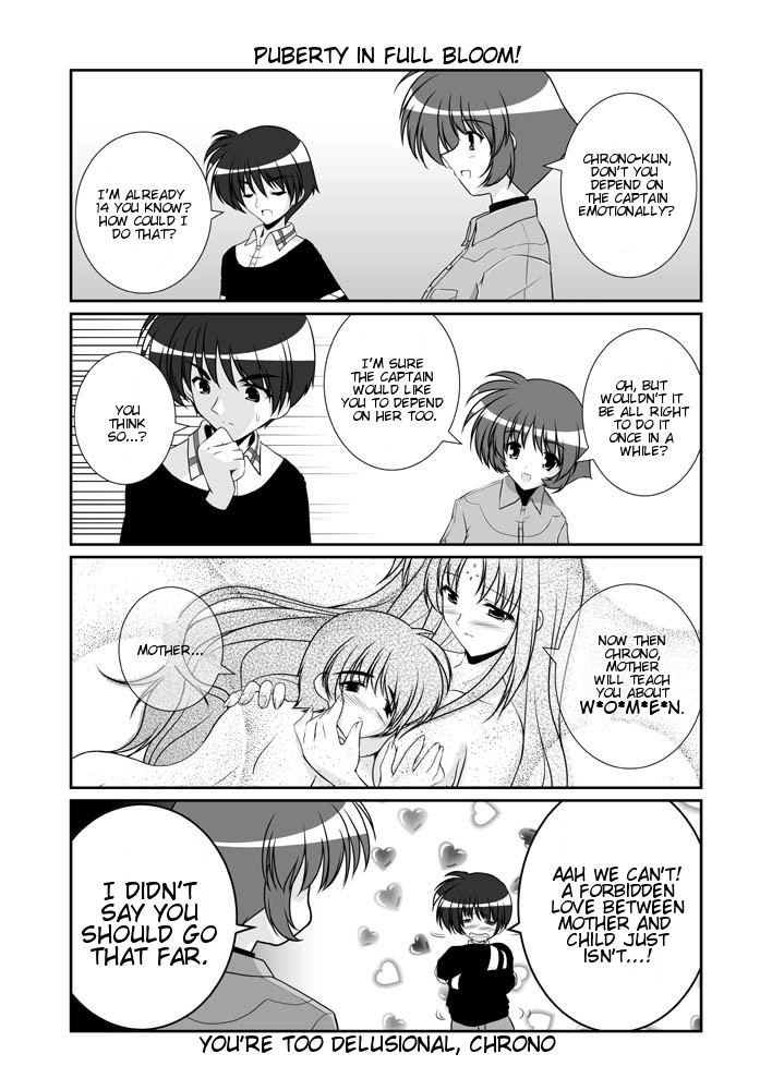 mikage takashi, amy limietta, chrono harlaown, lindy harlaown, lyrical nanoha, mahou shoujo lyrical nanoha, mahou shoujo lyrical nanoha a's, hard-translated, third-party edit, translated, 00s, 1boy, 2girls, 4koma, comic, english text, facial mark, forehead mark, greyscale, incest, monochrome, mother and son, multiple girls