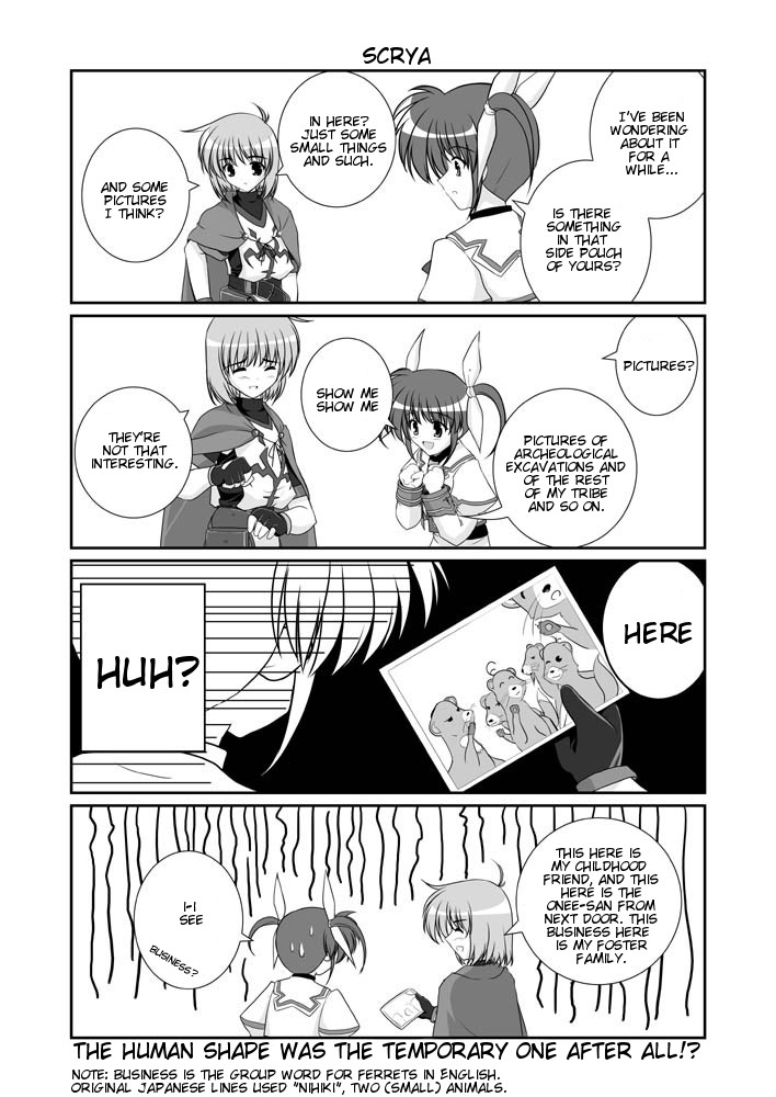 mikage takashi, takamachi nanoha, yuuno scrya, lyrical nanoha, mahou shoujo lyrical nanoha, mahou shoujo lyrical nanoha a's, hard-translated, third-party edit, translated, 00s, 2girls, 4koma, comic, english text, ferret, greyscale, magical boy, magical girl, monochrome, multiple girls, photo (object), twintails