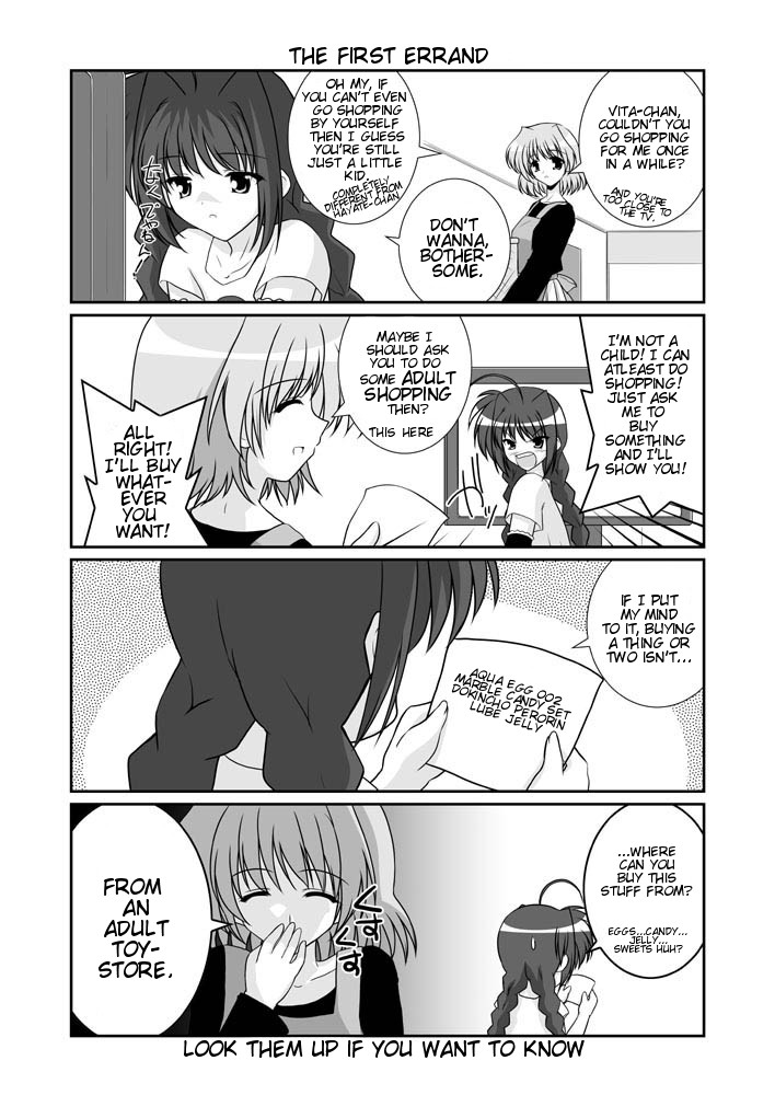 mikage takashi, shamal, vita (nanoha), lyrical nanoha, mahou shoujo lyrical nanoha, mahou shoujo lyrical nanoha a's, hard-translated, third-party edit, translated, 00s, 2girls, 4koma, braid, comic, english text, greyscale, monochrome, multiple girls, twin braids