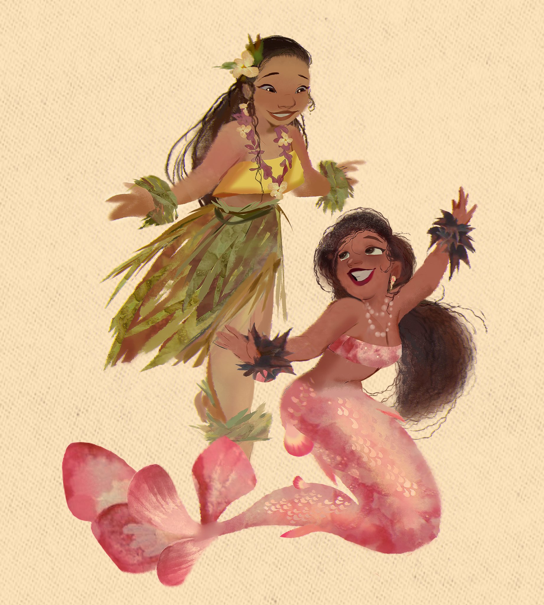 stardust axel, original, commentary, english commentary, highres, 2girls, ankle cuffs, barefoot, bead necklace, beads, black wrist cuffs, bra, breasts, brown eyes, brown hair, cleavage, dark-skinned female, dark skin, fins, fish tail, flower, flower necklace, forehead, full body, fur wrist cuffs, grass skirt, green skirt, green wrist cuffs, grin, hair flower, hair ornament, happy, hibiscus, high-waist skirt, hula, jewelry, kinky hair, leaf, lei, light blush, lipstick, long hair, looking at another, makeup, medium skirt, mermaid, monster girl, multiple girls, necklace, outstretched arms, pink bra, pink flower, pink tail, red lips, simple background, sitting, skirt, smile, standing, stomach, strapless, strapless bra, tail, tube top, underwear, very long hair, wrist cuffs, yellow background, yellow flower, yellow tube top