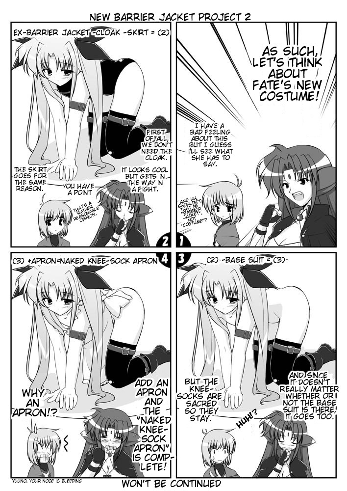 mikage takashi, arf, fate testarossa, yuuno scrya, lyrical nanoha, mahou shoujo lyrical nanoha, mahou shoujo lyrical nanoha a's, hard-translated, third-party edit, translated, 00s, 1boy, 2girls, 4koma, apron, comic, english text, greyscale, monochrome, multiple girls, naked apron