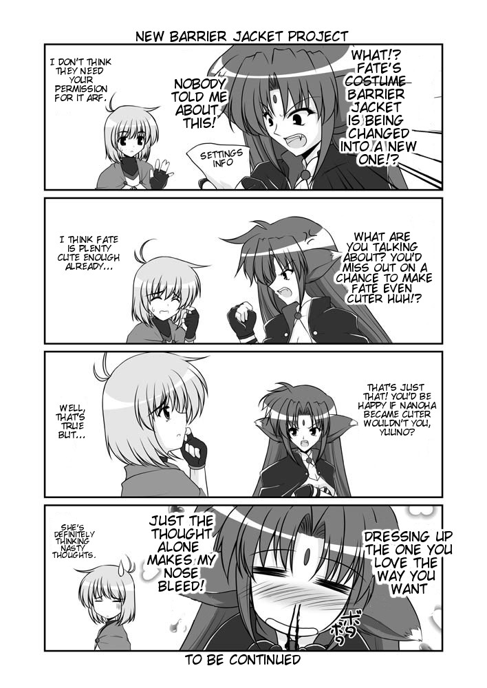 mikage takashi, arf, yuuno scrya, lyrical nanoha, mahou shoujo lyrical nanoha, mahou shoujo lyrical nanoha a's, hard-translated, third-party edit, translated, 00s, 2girls, 4koma, ahoge, animal ears, blood, cape, clenched hand, comic, english text, familiar, fingerless gloves, forehead jewel, gloves, greyscale, magical boy, magical girl, monochrome, multiple girls, nosebleed, sweatdrop, wolf ears