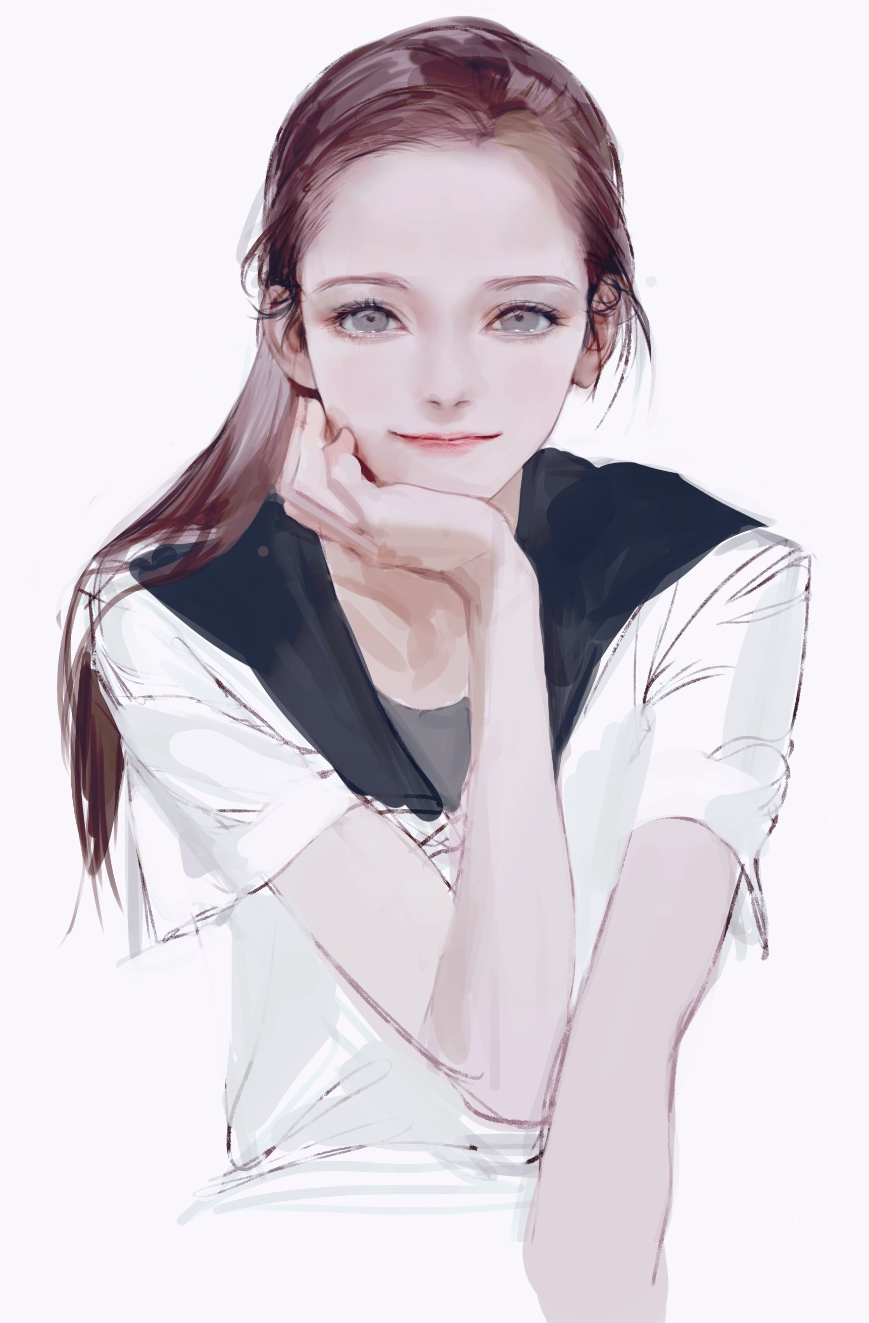 bm94199, real life, absurdres, highres, 1girl, long hair, pink lips, ponytail, shirt, short sleeves, smile, solo, white background, white shirt
