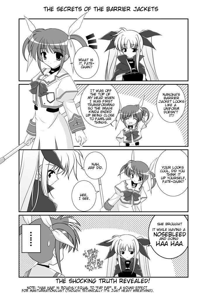mikage takashi, fate testarossa, raising heart, takamachi nanoha, lyrical nanoha, mahou shoujo lyrical nanoha, mahou shoujo lyrical nanoha a's, hard-translated, third-party edit, translated, 00s, 2girls, 4koma, bow, cape, comic, english text, greyscale, magical girl, monochrome, multiple girls, twintails