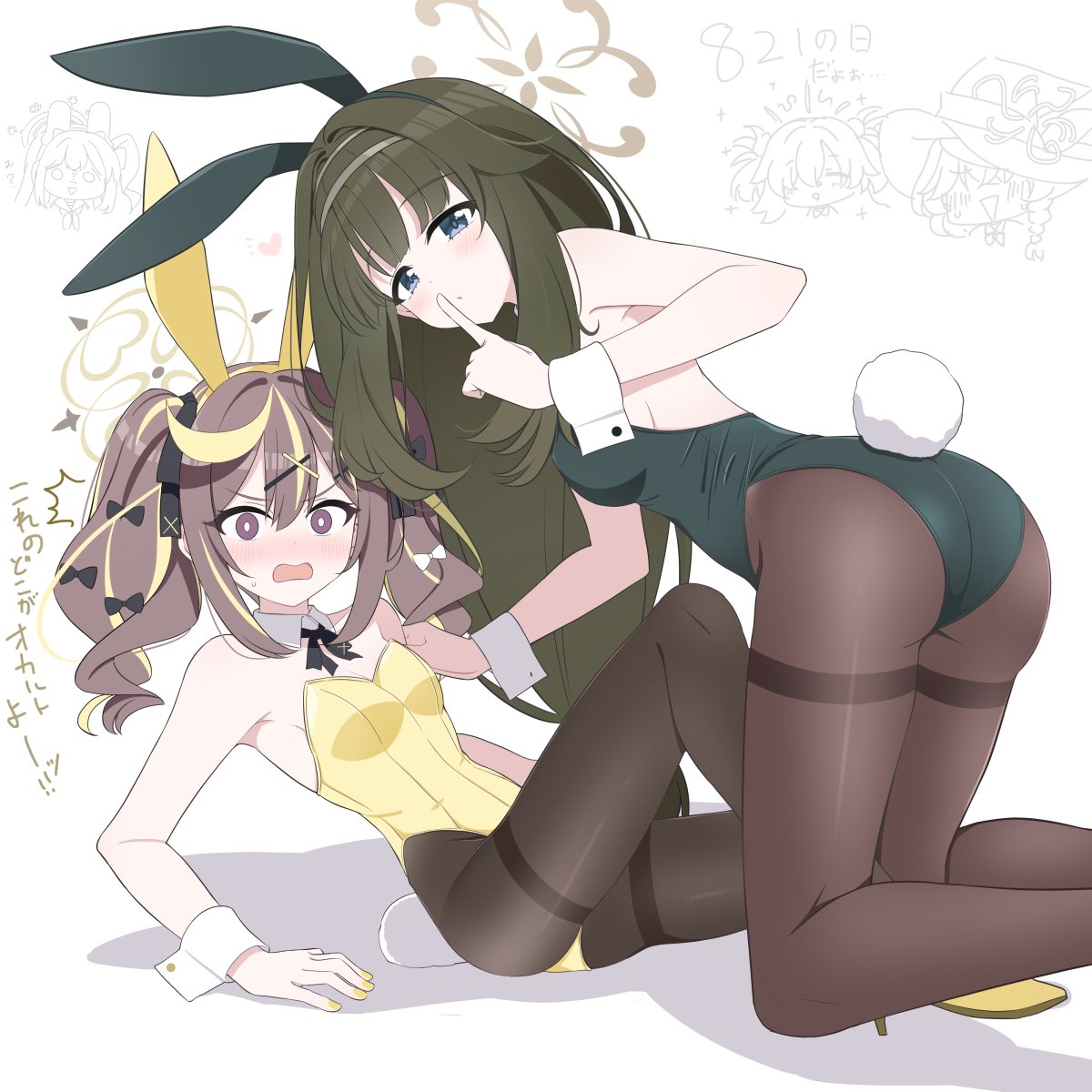 hoshino ouka, rena (blue archive), tsumugi (blue archive), blue archive, highres, 2girls, alternate costume, animal ears, ass, black leotard, black pantyhose, blonde hair, blue eyes, blush, breasts, brown hair, detached collar, fake animal ears, fake tail, finger to mouth, hair ornament, halo, high heels, leotard, long hair, looking at viewer, medium breasts, multicolored hair, multiple girls, open mouth, pantyhose, playboy bunny, purple eyes, rabbit ears, rabbit tail, shoes, simple background, small breasts, strapless, strapless leotard, streaked hair, tail, thighband pantyhose, twintails, white background, wrist cuffs, x hair ornament, yellow halo, yellow leotard, yellow shoes