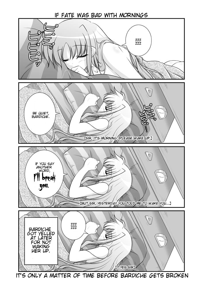 mikage takashi, bardiche (nanoha), fate testarossa, lyrical nanoha, mahou shoujo lyrical nanoha, mahou shoujo lyrical nanoha a's, hard-translated, third-party edit, translated, 00s, 1girl, 4koma, comic, english text, greyscale, monochrome
