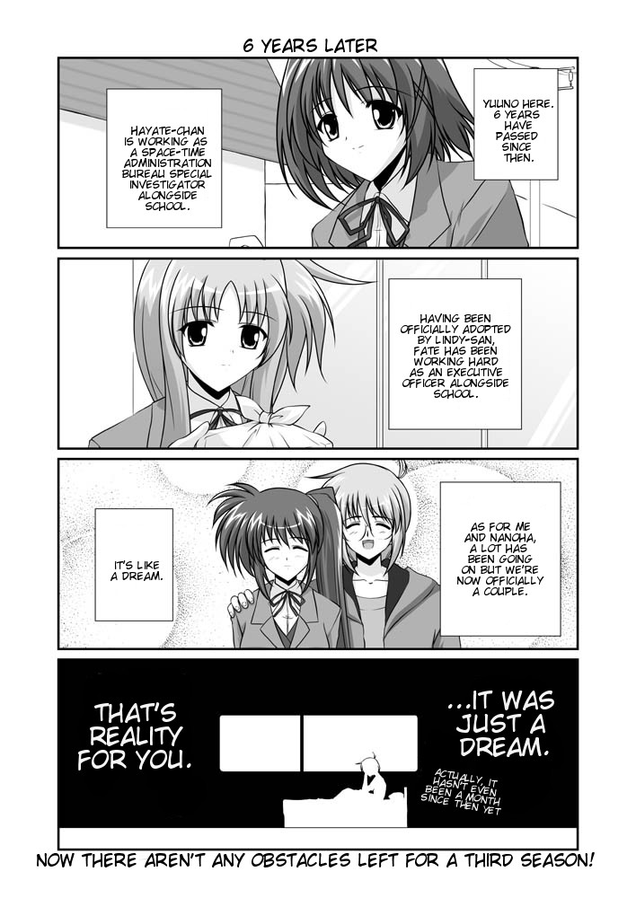 mikage takashi, fate testarossa, takamachi nanoha, yagami hayate, yuuno scrya, lyrical nanoha, mahou shoujo lyrical nanoha, mahou shoujo lyrical nanoha a's, hard-translated, third-party edit, translated, 00s, 1boy, 3girls, 4koma, comic, english text, greyscale, monochrome, multiple girls, school uniform, side ponytail