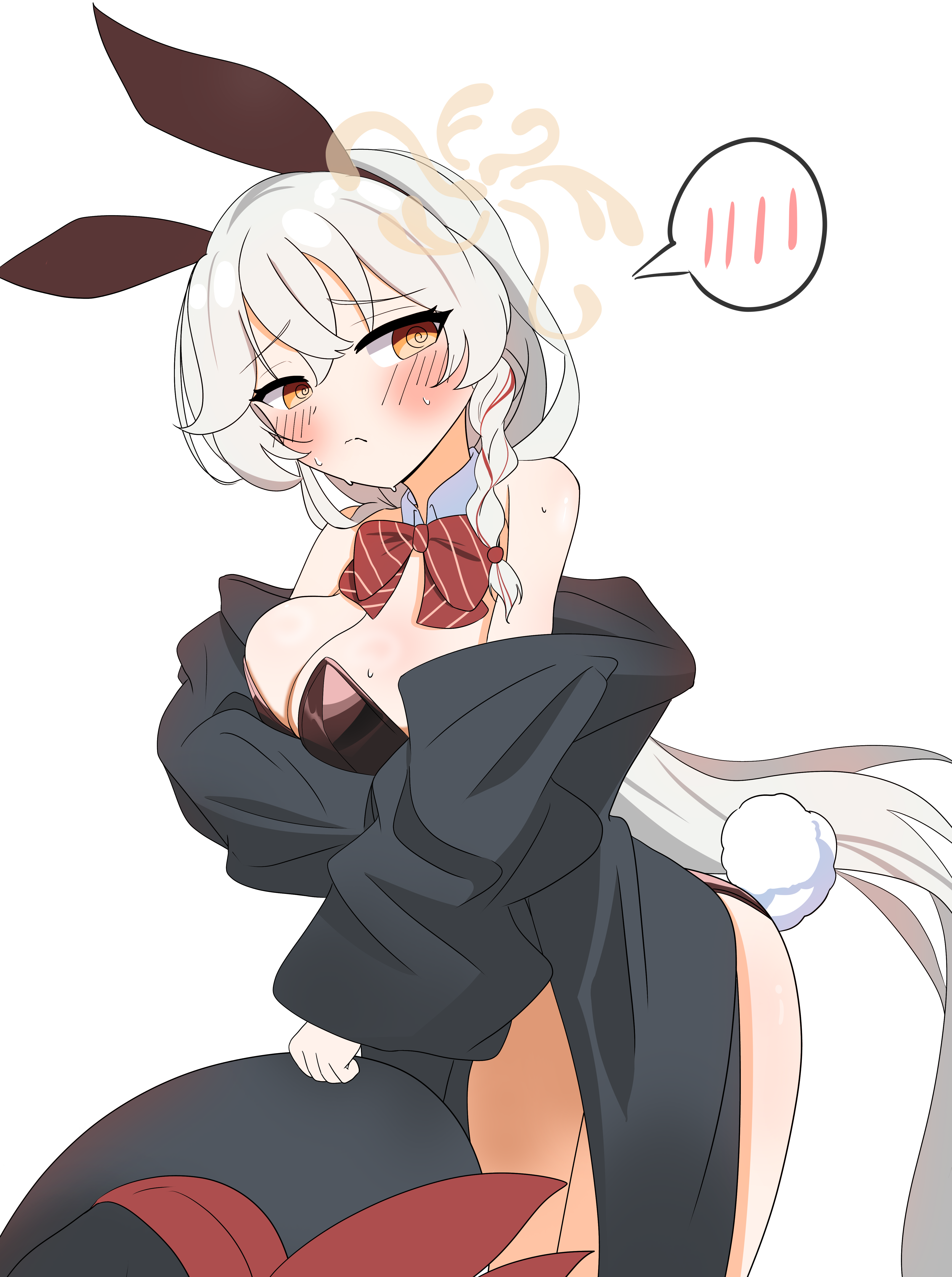 eri (blue archive), blue archive, averting eyes, bare shoulders, blush, bow, bowtie, braid, breasts, cleavage, collar, embarrassed, halo, hat, holding headgear, jacket, jacket partially removed, large breasts, legs, leotard, long coat, long hair, rabbit ears, rabbit tail, sweat, thighs, unworn hat, unworn headwear, white hair, witch hat