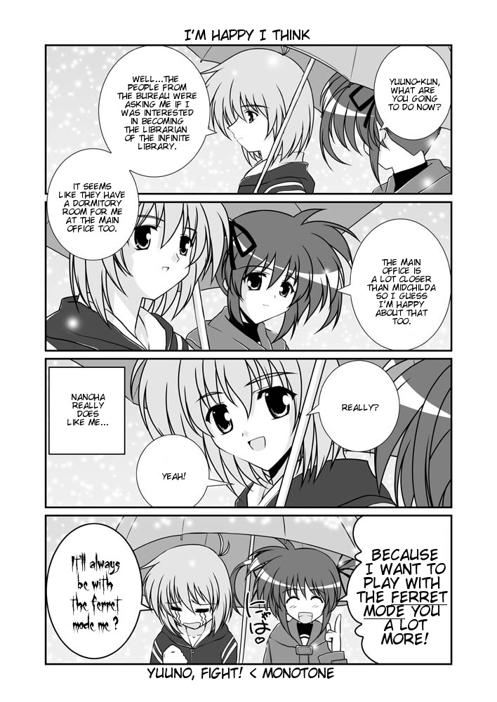 mikage takashi, takamachi nanoha, yuuno scrya, lyrical nanoha, mahou shoujo lyrical nanoha, mahou shoujo lyrical nanoha a's, hard-translated, third-party edit, translated, 00s, 2girls, ^ ^, blush, closed eyes, comic, crying, english text, expressionless, greyscale, hair ribbon, index finger raised, monochrome, multiple girls, open mouth, ribbon, smile, snowflakes, speech bubble, talking, tears, twintails, umbrella