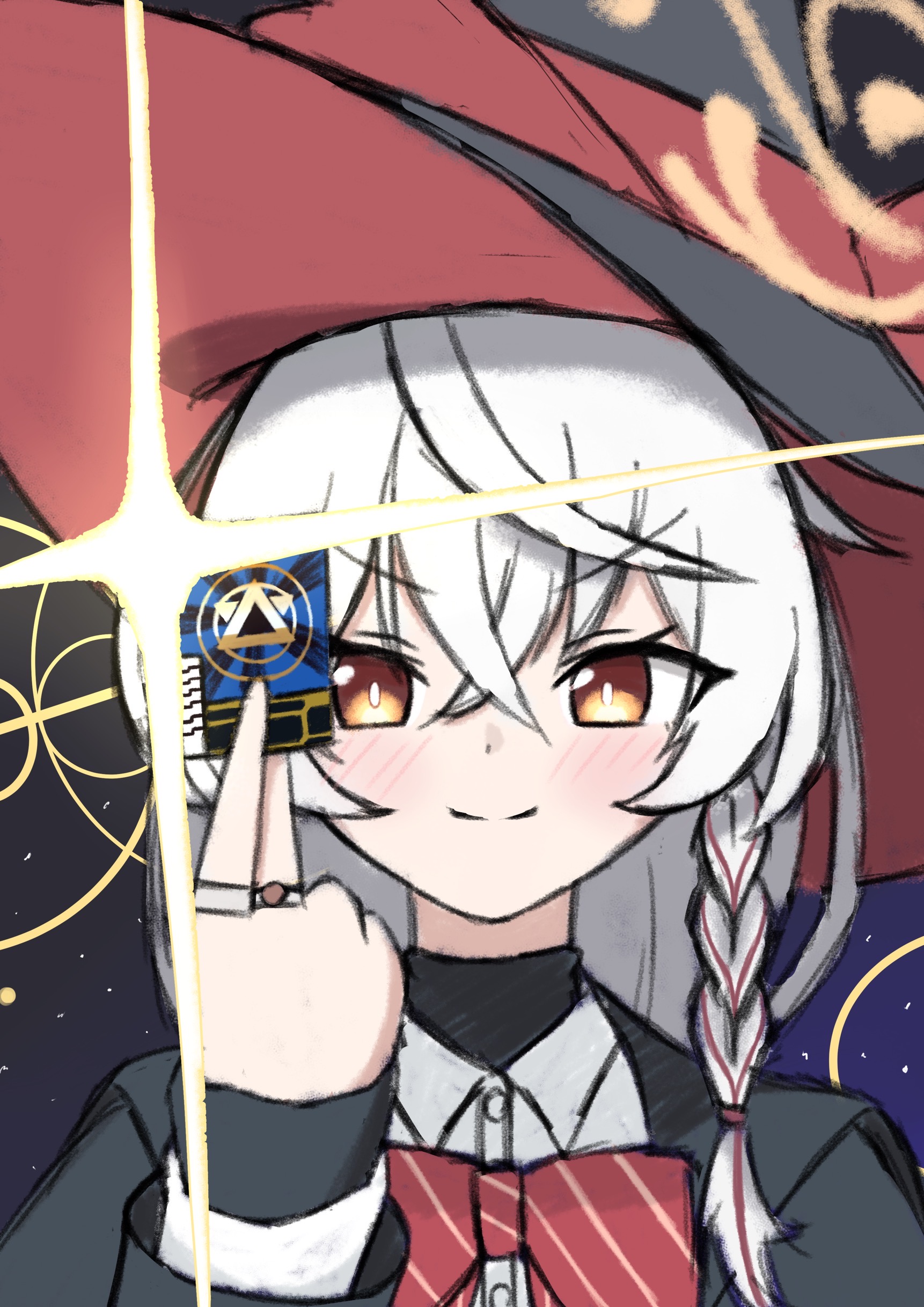 eri (blue archive), blue archive, bow, bowtie, braid, card, halo, hat, holding, holding card, jacket, long coat, long hair, shirt, skirt, sparkle, sweater, white hair, witch hat