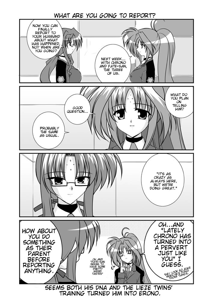 mikage takashi, leti lowran, lindy harlaown, lyrical nanoha, mahou shoujo lyrical nanoha, mahou shoujo lyrical nanoha a's, hard-translated, third-party edit, translated, 00s, 2girls, comic, english text, facial mark, forehead mark, greyscale, hair intakes, military, military uniform, monochrome, multiple girls, ponytail