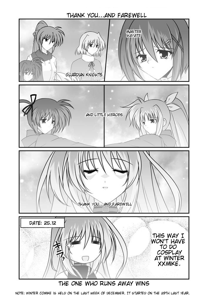 mikage takashi, fate testarossa, reinforce, shamal, signum, takamachi nanoha, vita (nanoha), yagami hayate, lyrical nanoha, mahou shoujo lyrical nanoha, mahou shoujo lyrical nanoha a's, hard-translated, third-party edit, translated, 00s, 6+girls, = =, choker, close-up, closed eyes, comic, english text, greyscale, hair between eyes, hair ornament, hair ribbon, hairclip, long hair, magical girl, monochrome, multiple girls, ponytail, ribbon, snowflakes, snowing, sparkle, sweatdrop, twintails, x hair ornament