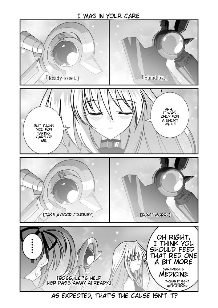 mikage takashi, bardiche (assault form) (nanoha), bardiche (nanoha), raising heart, raising heart (accel mode), reinforce, takamachi nanoha, yagami hayate, lyrical nanoha, mahou shoujo lyrical nanoha, mahou shoujo lyrical nanoha a's, hard-translated, third-party edit, translated, …, 00s, 2girls, choker, close-up, closed eyes, comic, english text, greyscale, hair ribbon, long hair, magazine (weapon), magical girl, monochrome, multiple girls, parted lips, polearm, ribbon, rod, speech bubble, spoken ellipsis, staff, sweatdrop, talking, twintails, weapon