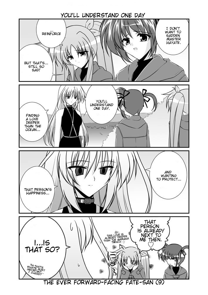 mikage takashi, fate testarossa, reinforce, takamachi nanoha, lyrical nanoha, mahou shoujo lyrical nanoha, mahou shoujo lyrical nanoha a's, hard-translated, third-party edit, translated, 00s, 3girls, = =, choker, close-up, closed eyes, comic, embarrassed, english text, greyscale, hair ribbon, hands on own cheeks, hands on own face, heart, magical girl, monochrome, multiple girls, open mouth, ribbon, speech bubble, sweatdrop, talking, twintails