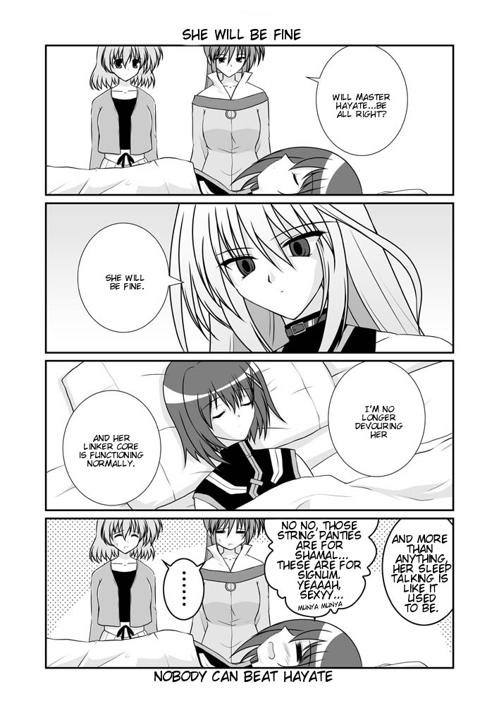 mikage takashi, reinforce, shamal, signum, yagami hayate, lyrical nanoha, mahou shoujo lyrical nanoha, mahou shoujo lyrical nanoha a's, hard-translated, third-party edit, translated, 00s, 4girls, ^ ^, bed, belt, blanket, blush, choker, closed eyes, collar, collarbone, comic, english text, greyscale, hair ornament, lying, magical girl, monochrome, multiple girls, on back, on bed, pillow, ponytail, shirt, short hair, sick, sleeping, speech bubble, standing, talking, x hair ornament