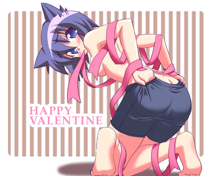 serizawa akane, pani poni dash!, 00s, 1girl, ass, bike shorts, blue eyes, blue hair, blush, buruma, female focus, gym uniform, happy valentine, looking back, matching hair/eyes, solo, spandex, topless female, valentine
