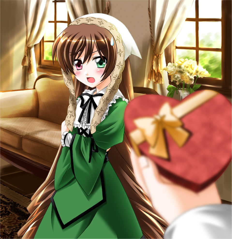 otoki raku, suiseiseki, rozen maiden, 00s, 1girl, female focus, headscarf, heterochromia, long hair, open mouth, solo, sweatdrop, valentine, very long hair, white headscarf