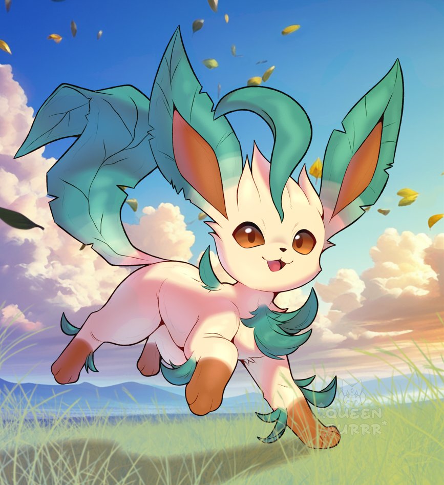 queen purrr, leafeon, nintendo, pokemon, :3, animal focus, artist name, blue sky, brown eyes, cloud, colored sclera, day, falling leaves, gen 4 pokemon, grass, happy, leaf, looking at viewer, no humans, notched ear, open mouth, orange sclera, outdoors, pokemon (creature), running, sky, smile, solo, watermark