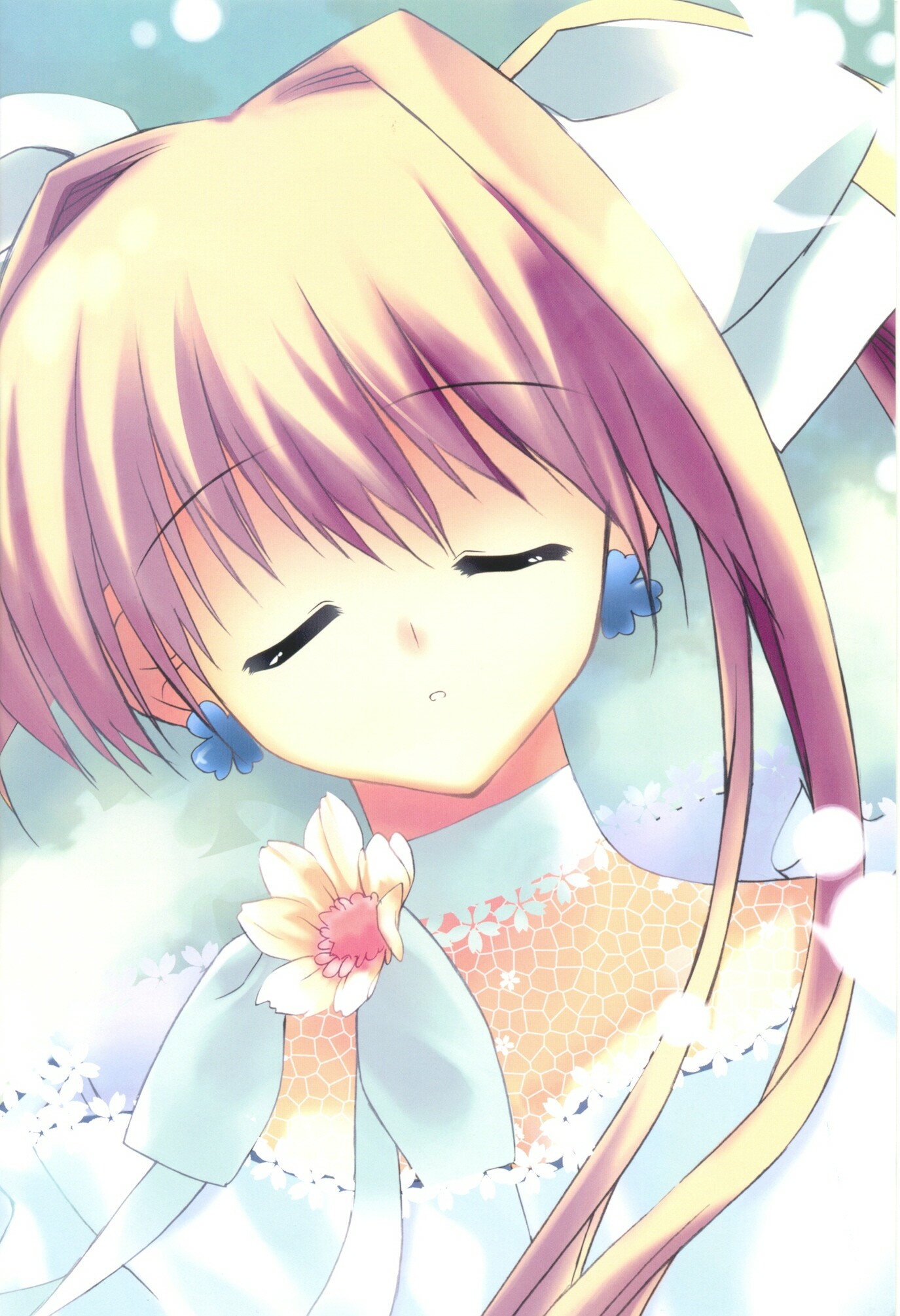 rei (rei's room), game cg, highres, 1girl, closed eyes, earrings, female focus, flower, jewelry, solo