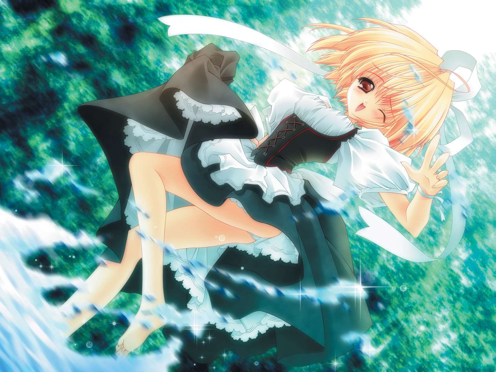 amamiya poran, stella arista, moldavite, game cg, highres, 1girl, blonde hair, brown eyes, female focus, maid, short hair, solo, water