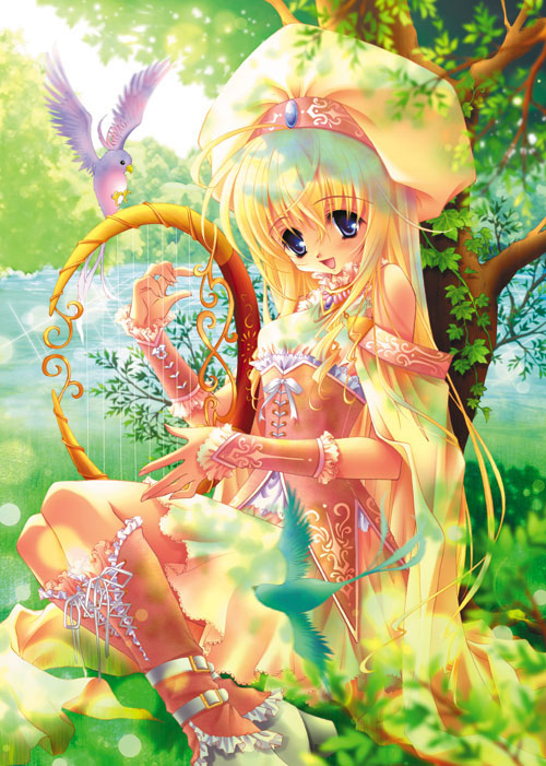 nishiwaki yuuri, original, 1girl, :d, bird, blonde hair, blue eyes, dress, female focus, frills, harp, hat, instrument, laces, long hair, nature, open mouth, smile, solo