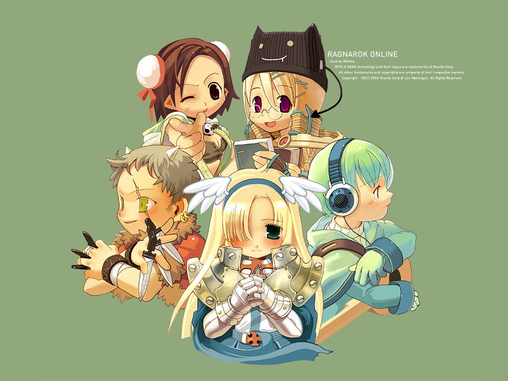 ragnarok online, 2boys, 3girls, ;d, armor, between fingers, blonde hair, blouse, blush, book, breasts, brooch, brown capelet, brown hair, capelet, chibi, chibi only, cleavage, copyright name, dagger, facial mark, glasses, green background, green capelet, green hair, green shirt, hair between eyes, hair ornament, hair over one eye, hat, head wings, headphones, holding, holding dagger, holding knife, holding weapon, hood, hooded coat, jewelry, knife, multiple boys, multiple girls, one eye closed, open mouth, own hands together, round eyewear, scar, scar across eye, scar on face, shirt, simple background, small breasts, smile, smiley face, throwing knife, weapon, wings, x hair ornament