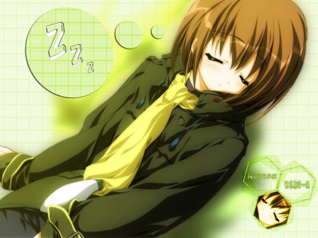 kirishima kaori, moekan, game cg, 1girl, brown hair, closed eyes, female focus, short hair, sleeping, solo, zzz