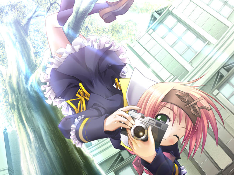 saeki kurumi, moon childe, game cg, 1girl, camera, female focus, in tree, one eye closed, school uniform, serafuku, short hair, solo, tree, upside-down
