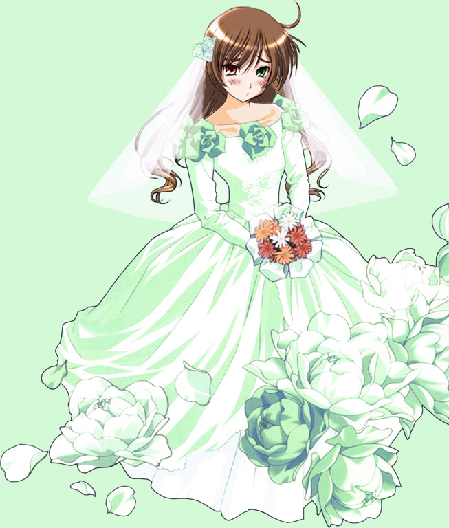 suiseiseki, rozen maiden, 00s, 1girl, blush, bouquet, bridal veil, bride, brown hair, dress, female focus, flower, heterochromia, solo, veil, wedding dress