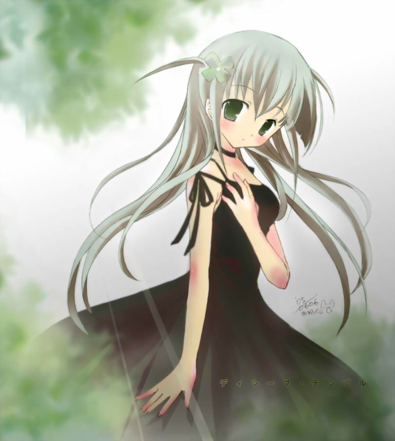 amafuku amane, original, source request, 1girl, black dress, blush, choker, clover, dated, dress, female focus, four-leaf clover, green eyes, grey hair, hair ornament, ribbon, signature, solo, sundress