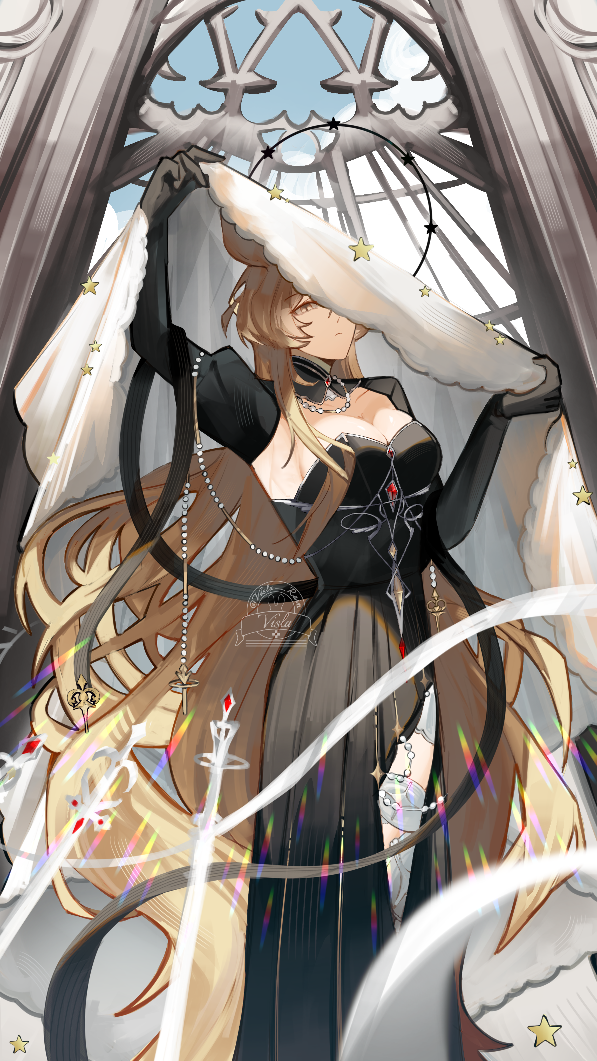 visla, dorothy (arknights), dorothy (hand of destiny) (arknights), arknights, absurdres, highres, 1girl, arm up, black dress, black gloves, blonde hair, breasts, cleavage, closed mouth, dress, elbow gloves, gem, gloves, grey eyes, headscarf, holding, lens flare, long hair, long sleeves, looking at viewer, medium breasts, official alternate costume, one eye covered, solo, standing, star (symbol), very long hair