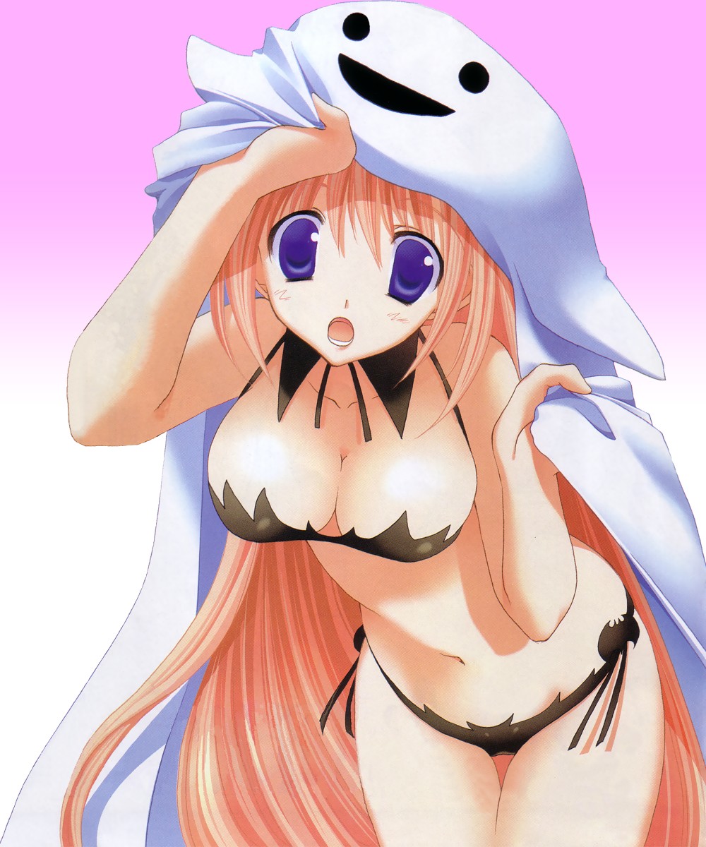 takanae kyourin, tsukimura mayu, goshuushou-sama ninomiya-kun, highres, 00s, 1girl, bat (animal), black bra, black panties, blue eyes, blush, bra, breasts, cleavage, female focus, ghost, halloween, large breasts, lingerie, long hair, navel, open mouth, panties, pink hair, side-tie panties, solo, underwear, underwear only, very long hair