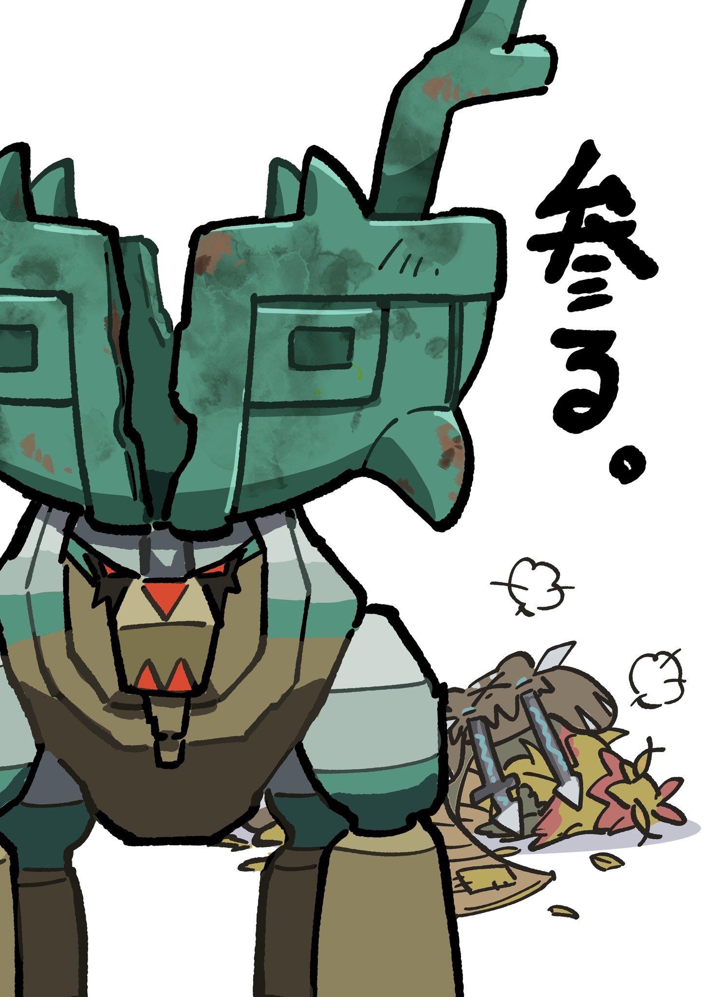 yumemi illust, chien-pao, ting-lu (pokemon), wo-chien, nintendo, pokemon, highres, alternate color, animal focus, bandages, battle damage, closed eyes, closed mouth, damaged, fangs, horns, knockout, leaf, looking at viewer, no humans, pokemon (creature), red eyes, shiny pokemon, simple background, standing, white background