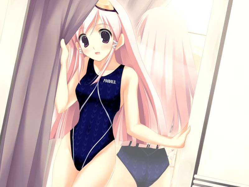 hitomi yomi, sukumizu 2, to heart (series), to heart 2, game cg, 00s, 1girl, competition swimsuit, female focus, highleg, highleg one-piece swimsuit, long hair, mirror, one-piece swimsuit, pink hair, purple eyes, solo, swimsuit
