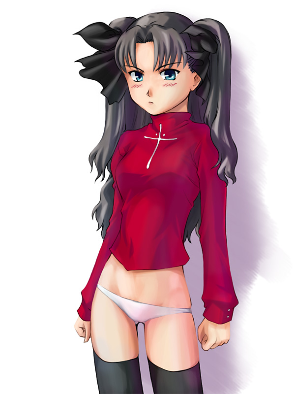 takahashi ren, tohsaka rin, fate/stay night, fate (series), 00s, 1girl, black hair, black thighhighs, blue eyes, blush, cross, female focus, hair ribbon, latin cross, long hair, lowleg, lowleg panties, no pants, panties, pout, ribbon, solo, standing, thighhighs, turtleneck, twintails, two side up, underwear, white panties