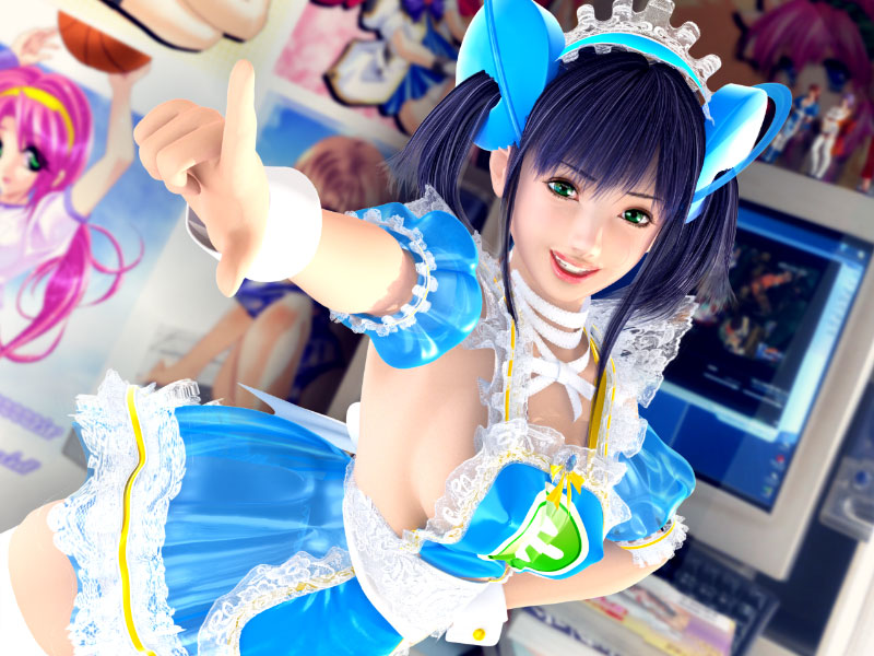 incise soul, m-rs, cocoa (character), 1girl, 3d, blue hair, breasts, computer, computer keyboard, cosplay, covered erect nipples, female focus, hairpods, indoors, lace, maid, room, sideboob, solo, standing, thighhighs, twintails