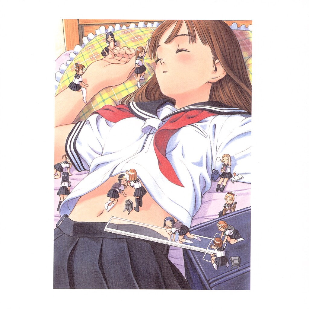 yug (ekaki), original, light, white legwear, cropped, 6+girls, :o, ^ ^, all fours, arm support, arm up, backpack, bag, bed, black hair, black skirt, black socks, blunt bangs, blush, book, bow, breast pocket, bridge, brown hair, cellphone, climbing, closed eyes, closed mouth, clothes lift, crawling, drinking straw, flashlight, flying sweatdrops, frilled pillow, frills, from above, full body, hair bow, hair ribbon, head tilt, kiss, kneehighs, ladder, leaning forward, long hair, lying, midriff, midriff peek, mini person, minigirl, multiple girls, navel, neckerchief, on back, on bed, open book, open mouth, orange hair, phone, pillow, plaid pillow, playing with another's hair, pleated skirt, pocket, randoseru, red bow, red neckerchief, ribbon, ruler, school bag, school uniform, serafuku, shirt, shirt lift, short sleeves, sigh, sitting, skirt, sleeping, smile, socks, standing, stomach, straddling, straight hair, tape, thighhighs, two side up, undone neckerchief, unworn backpack, unworn bag, upper body, wariza, white ribbon, white shirt, zettai ryouiki