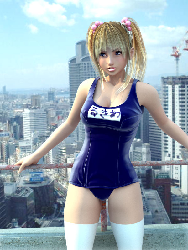 incise soul, m-rs, rukia (incise soul), 1girl, 3d, blonde hair, blue eyes, city, female focus, name tag, one-piece swimsuit, rooftop, school swimsuit, solo, swimsuit, thighhighs, twintails