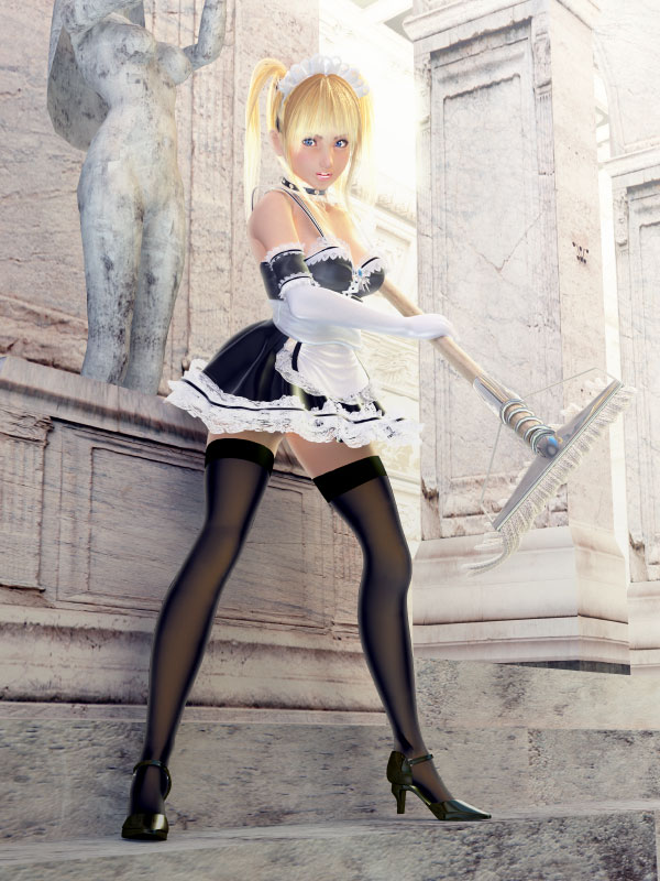 incise soul, m-rs, rukia (incise soul), 1girl, 3d, arm garter, blonde hair, blue eyes, broom, choker, elbow gloves, female focus, gloves, high heels, lace, legs, lips, maid, mop, shoes, solo, thighhighs, twintails