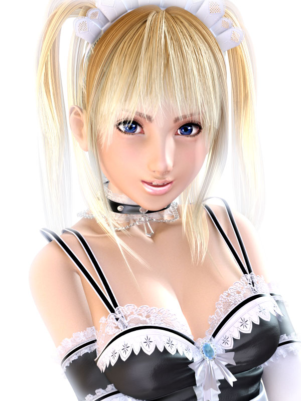 incise soul, m-rs, rukia (incise soul), 1girl, 3d, arm garter, blonde hair, blue eyes, breasts, choker, collar, elbow gloves, female focus, gloves, lace, maid, solo, twintails