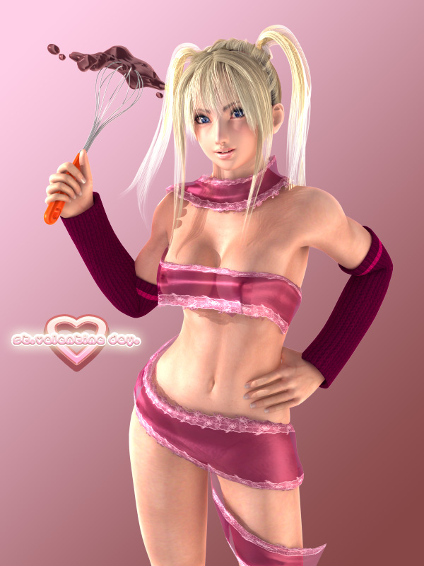 incise soul, m-rs, rukia (incise soul), 1girl, 3d, blonde hair, blue eyes, breasts, cleavage, elbow gloves, female focus, gloves, lace, medium breasts, naked ribbon, navel, nipples, ribbon, see-through clothes, solo, standing, twintails, valentine, whisk