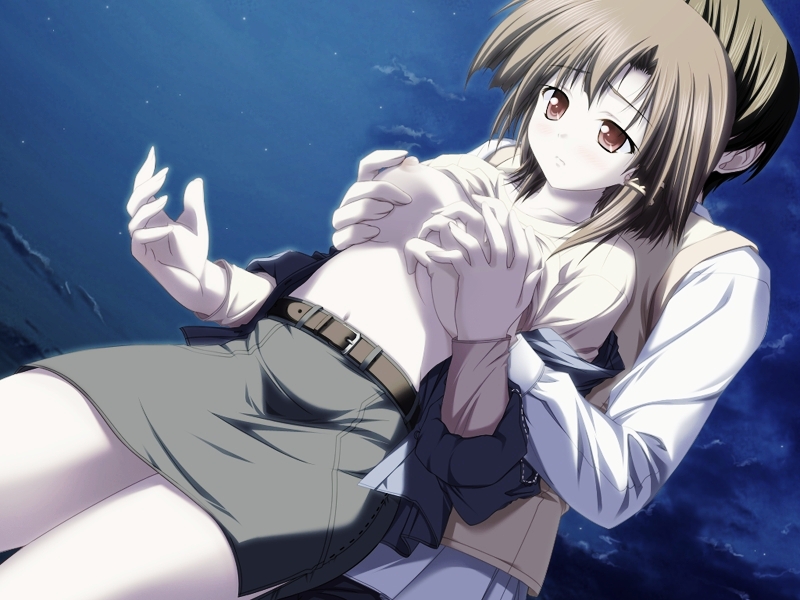 tenmaso, niiyama aoi, akiiro renka, purple software, game cg, 1girl, belt, breasts, clothes lift, cloud, cloudy sky, grabbing another's breast, groping, guided breast grab, guiding hand, hair tubes, large breasts, long sleeves, night, night sky, nipples, pencil skirt, shirt lift, skirt, sky, solo focus, topless female
