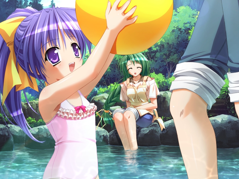 murakami suigun, yamana kaede, yamana tokiko, cocktail soft, pia carrot (series), pia carrot e youkoso!!, pia carrot e youkoso!! g.o., frilled swimsuit, game cg, 1990s (style), 2girls, ball, beachball, bow, braid, casual one-piece swimsuit, caustics, child, closed eyes, day, flat chest, forest, frills, green hair, hair bow, happy, long hair, looking up, multiple girls, nature, one-piece swimsuit, open mouth, outdoors, ponytail, purple eyes, purple hair, reflection, retro artstyle, single braid, sitting, sleeves rolled up, soaking feet, swimsuit, tree, water