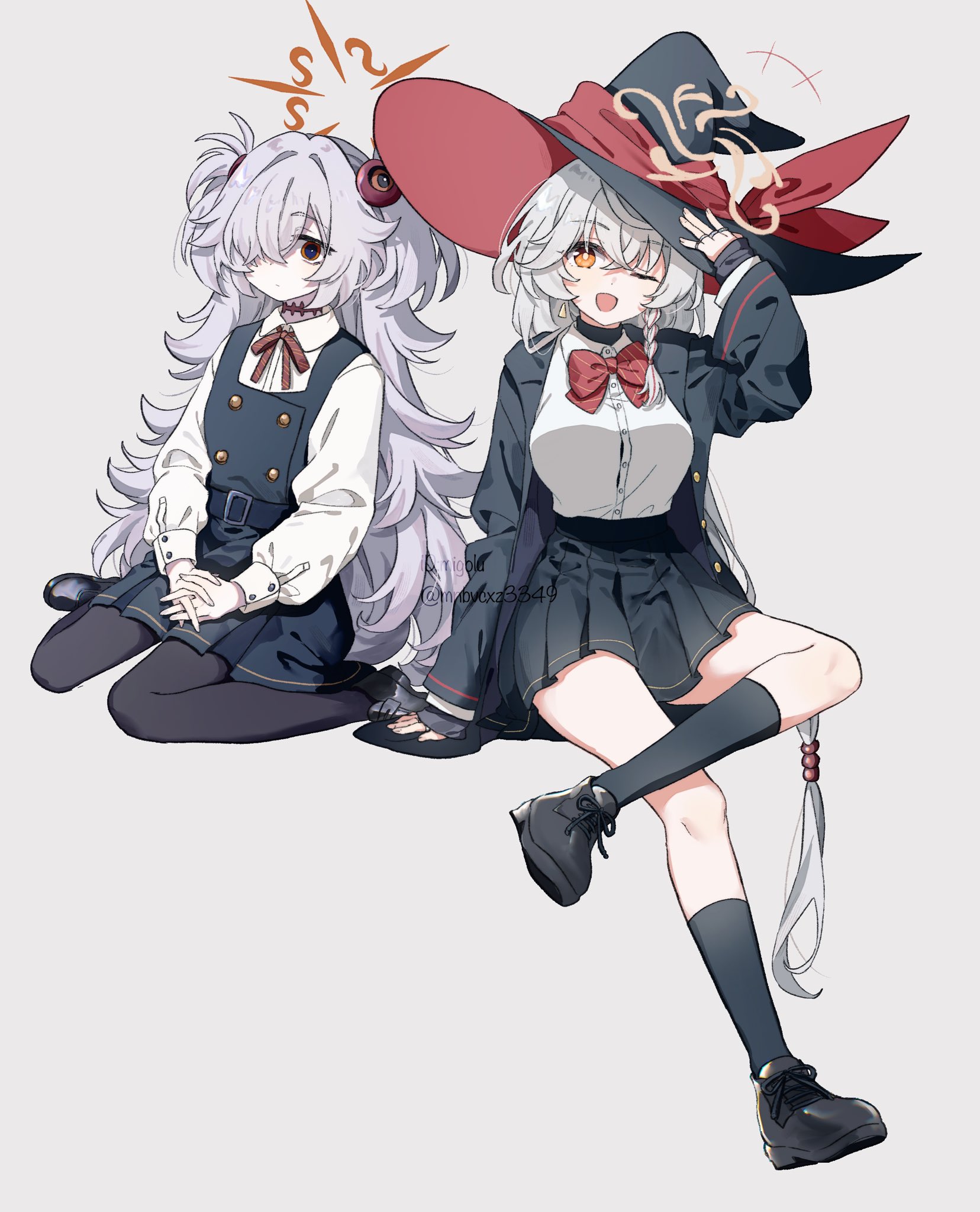 migolu, eri (blue archive), kanoe (blue archive), blue archive, highres, +++, 2girls, ;d, black hat, black jacket, black pantyhose, black shoes, black skirt, black socks, bow, bowtie, closed mouth, collared shirt, full body, grey background, grey hair, hair over one eye, halo, hat, jacket, long hair, long sleeves, looking at viewer, multiple girls, neck ribbon, one eye closed, open clothes, open jacket, open mouth, orange eyes, orange halo, own hands together, pantyhose, pink halo, pleated skirt, purple hair, red bow, red bowtie, red ribbon, ribbon, shirt, shoes, simple background, sitting, skirt, smile, socks, striped bow, striped bowtie, striped clothes, tilted halo, twitter username, white shirt