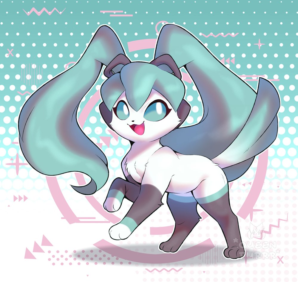 queen purrr, hatsune miku, nintendo, pokemon, vocaloid, :3, animalization, artist name, blue background, blue hair, blue sclera, colored sclera, fakemon, full body, gradient background, hair ornament, happy, long hair, looking to the side, open mouth, outline, pokemon (creature), smile, standing, twintails, very long hair, watermark, white eyes, white outline