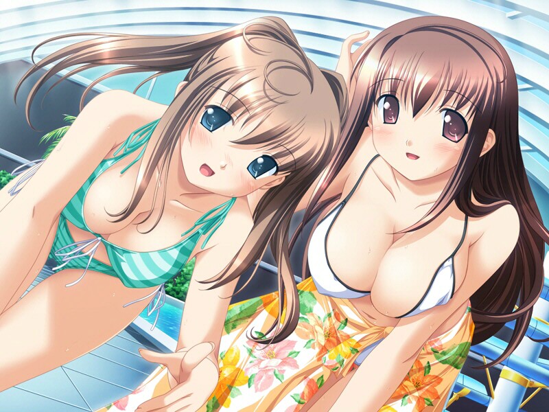 iwasaki kouji, tachibana megumi, tachibana saori, alto, alto (game), clear blue communications, game cg, 2girls, :d, adjusting hair, bent over, bikini, blue eyes, blush, breasts, breasts squeezed together, brown eyes, brown hair, cleavage, covered erect nipples, downblouse, dutch angle, floral print, front-tie bikini top, front-tie top, green bikini, indoors, large breasts, multiple girls, open mouth, pointing, pointing at viewer, pool, poolside, purple eyes, sarong, smile, striped bikini, striped clothes, swimsuit, water slide, white bikini