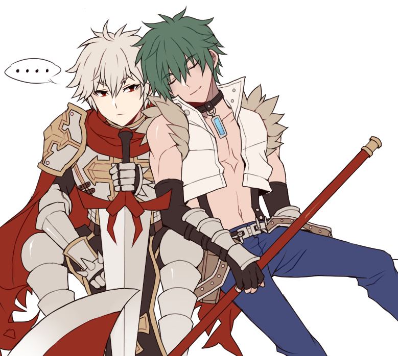 lord knight (ragnarok online), seyren windsor, whitesmith (ragnarok online), ragnarok online, artist collaboration, …, armor, armored boots, astrarunia, axe, black gloves, blue pants, boots, breastplate, cape, closed eyes, closed mouth, crop top, cross, dogshavelargeassholes, expressionless, feet out of frame, fingerless gloves, fur-trimmed shirt, fur trim, gloves, green hair, grey hair, holding, holding axe, holding sword, holding weapon, howard alt-eisen, navel, open clothes, open shirt, pants, pauldrons, red cape, red eyes, shirt, short hair, shoulder armor, simple background, sitting, sleeveless, sleeveless shirt, spiked gauntlets, spoken ellipsis, suspenders, sword, vambraces, weapon, white background, white shirt